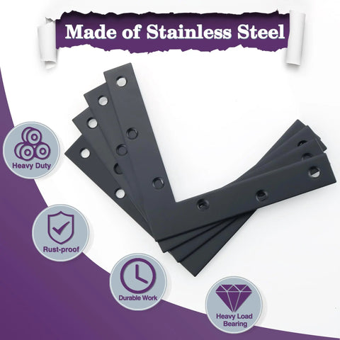 Beefy Flat L Brackets For Wood Furniture 6x6 Inch Stainless Steel Mending Plates Matte Black Finish Pack Of 4