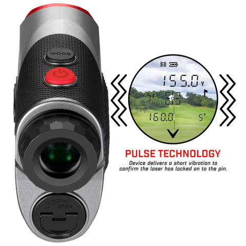 Front view of 300 Pro Slope Laser Rangefinder For Golf, 6x Magnification, digital display showing target distance, precise yardages.