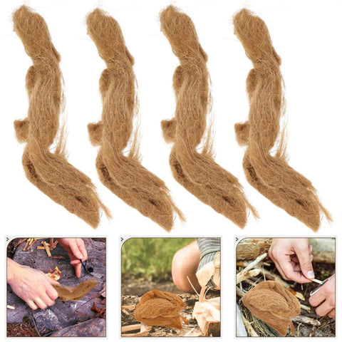 Natural Jute Fire Starters 4 Pack Lightweight Outdoor Fire Igniters For Camping And Hiking Quick Ignition Emergency Starter Tool No Fuss Eco Friendly Campfire Kit displayed with jute fibers