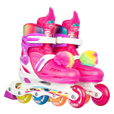 Tot Friendly Trolls Themed Adjustable Inline Skates For Kids Featuring Poppy Or Barb Pink Size Medium 2-5 With Big Trolls Head Tongue Colorful Boots And Wheels Removable Pom Poms