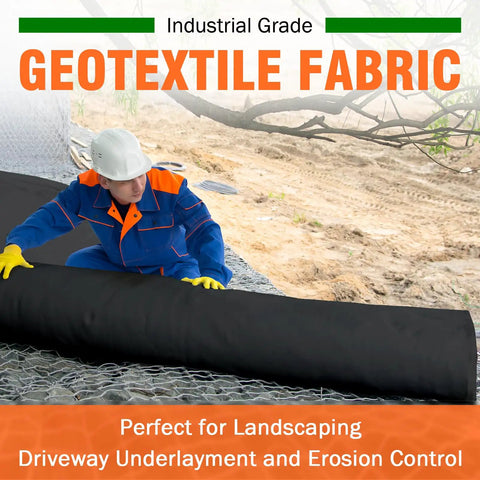 Worker unrolling 6oz Non Woven Geotextile Fabric 3 ft by 50 ft heavy duty PET geotextile for French drains and landscaping projects.