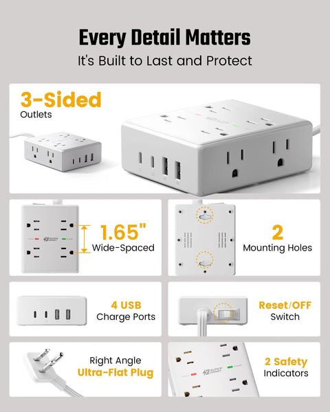 12 In 1 Surge Protector Power Strip With 15 Ft Flat Plug, 8 AC Outlets, 2 USB-C Ports, 2 USB-A Ports, 4-Side Design To Prevent Outlet Blockage, Overload Protection, Power Up Your Home Office And Entertainment Setup. White 3-sided outlet block, 1.65-inch spacing, mounting holes