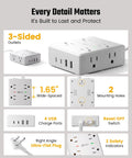Detailed view of Game Changer Ten Foot Extension Cord With Flat Plug Surge Protector Power Strip with 8 AC outlets and USB ports.