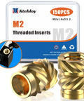 150 Pieces M2 Brass Heat Set Inserts with Knurled Bodies, packaging and insert detail for 3D printing use, size M2 x 4 x 3.2 mm