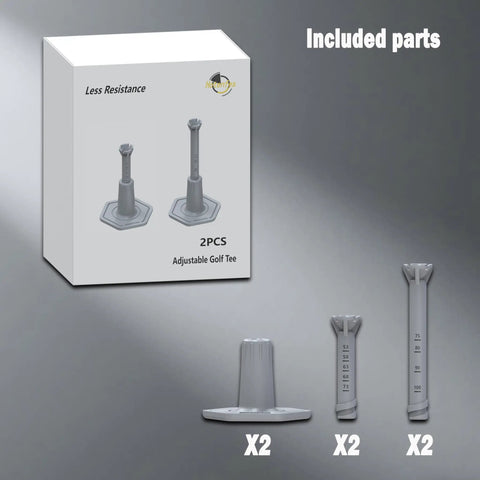 Box and parts of Adjustable Golf Tees For Indoor And Outdoor Practice For Mats, Rubber Driving Range Tees With Two Pole Height