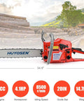 62cc Gas Chainsaw With 18 Inch Bar placed outdoors near stacked logs, showing product size and specifications.