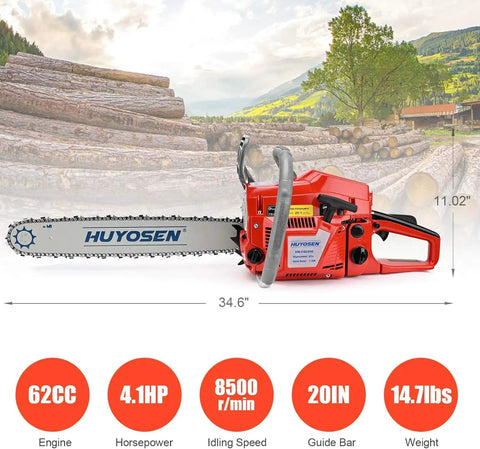 62cc Gas Chainsaw With 18 Inch Bar placed outdoors near stacked logs, showing product size and specifications.