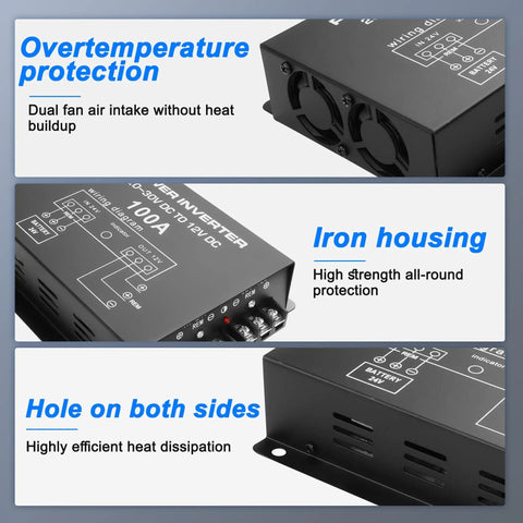 Beefy 24V To 12V Buck Converter For Cars And Trucks, 100A 1200W with iron housing and dual fan air intake for overheating protection