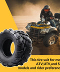 Beefed Up Tubeless All Terrain Tractor Tires Set For ATV And UTV 2 Pack With Sizes 18x7-8 16x8-7 And 22x8-10 shown on ATV