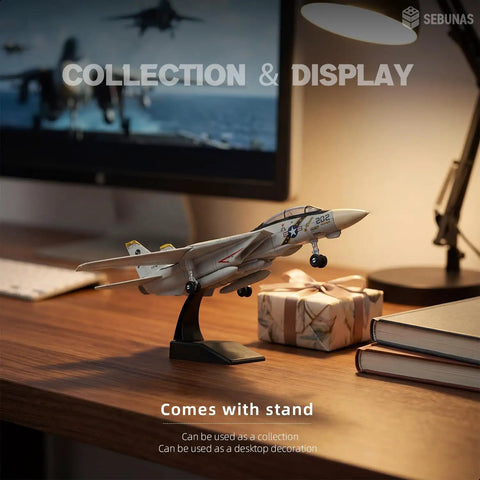 F-14 Tomcat 3D Quick Build Model Kit For Adults on desk with stand, showing fighter jet details and display use