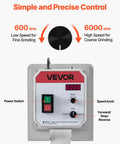 Control panel of VEVOR 1500W Belt Grinder Sander With VFD Variable Speed Control showing RPM settings and switches.