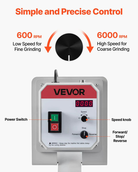 Control panel of VEVOR 1500W Belt Grinder Sander With VFD Variable Speed Control showing RPM settings and switches.