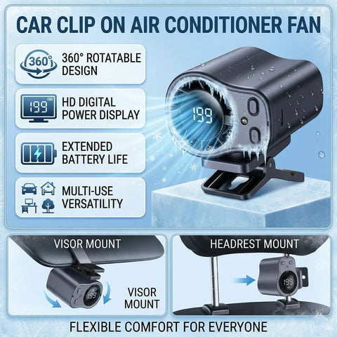 Clip On Car Vent Fan With LED Display, 360 Degree Rotation, 199 Speed Settings, USB Rechargeable, visor and headrest mount