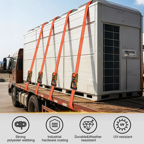 Built Tough 2 Inch By 30 Foot Flat Hook Ratchet Straps 10 Pack Orange Heavy Duty Cargo Tie Downs 10000 Lb Break Strength securing cargo on a truck.