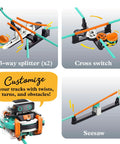 Detailed view of RoboRails Monorail Robot Kit With Gyro Drive And Ball Bearing Balancing System showing splitters, cross switch, seesaw