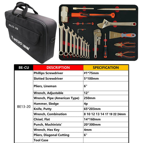Non Sparking 20 Piece Tool Set With Pipe Wrench Pliers Screwdrivers Adjustable Wrench Chisel And Sledge Hammer Pro Grade