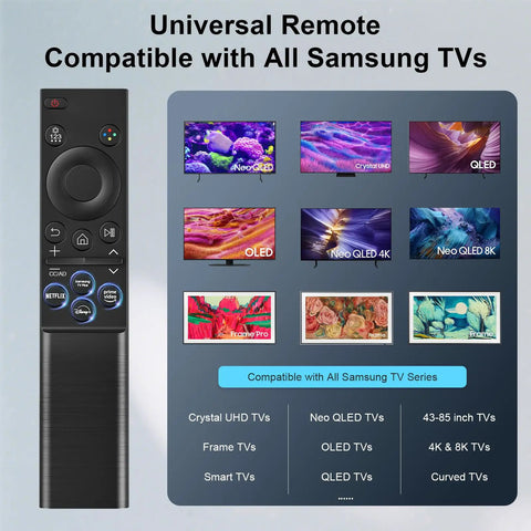 One For All Universal Replacement Remote For Samsung Smart TVs Compatible With Crystal UHD CU7000 DU7200 Neo QLED QLED OLED Frame And Curved Models From 2015 Through 2026 For Easy TV Navigation And Quick Power And Volume Control illustrated with compatible TV models and remote image.
