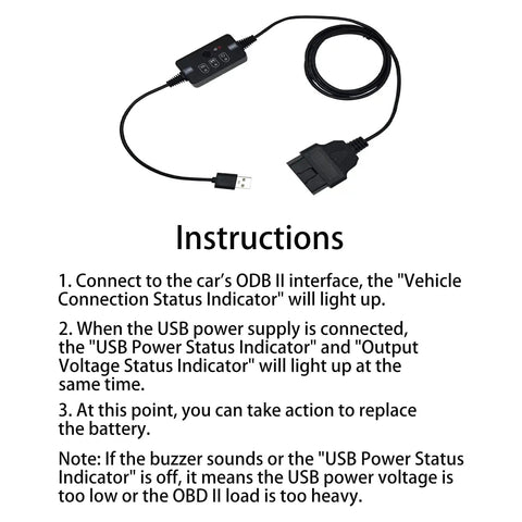 Instructions for USB Powered Vehicle OBD II Connector Memory Saver with Buzzer and Emergency Power Supply Cable.
