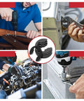 Collage showing 455-Piece E-Clip External Retaining Ring Assortment Kit with 14 sizes in black steel for machinery and auto repair