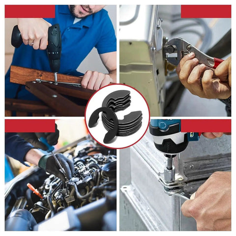 Collage showing 455-Piece E-Clip External Retaining Ring Assortment Kit with 14 sizes in black steel for machinery and auto repair
