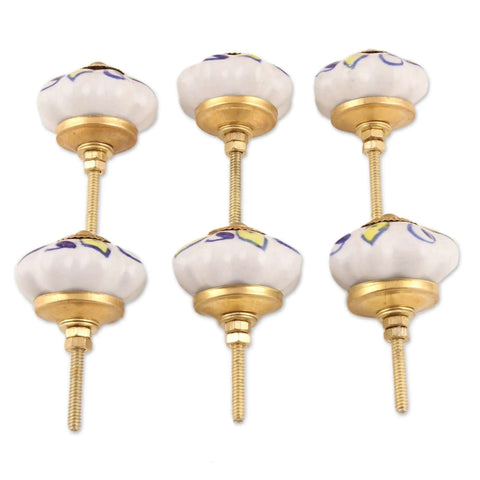 Stunning Artisan Ceramic Cabinet Knobs Featuring Radiant Yellow Floral Blooms Set of Six Handcrafted Boho Kitchen Pulls With Glossy White Details