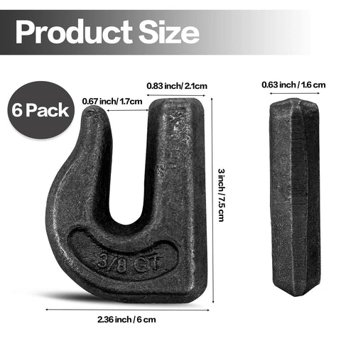 Dimensions of Six Pack Three Eighths Inch Weld On Grab Hooks Heavy Duty G70 Grade Utility Hooks for Trailer Truck Forklift Car RV