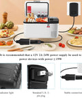 Chill Out Ac Dc Power Adapter connected to a cooler, providing 12 volts output for food and drinks, with a stable U.S. plug.