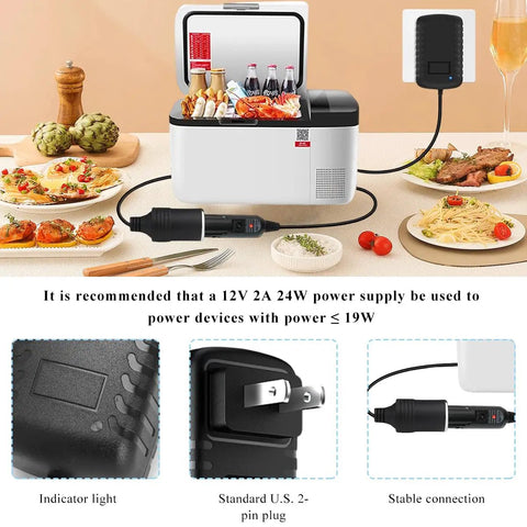 Chill Out Ac Dc Power Adapter connected to a cooler, providing 12 volts output for food and drinks, with a stable U.S. plug.
