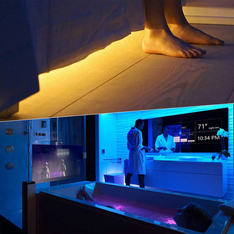 50ft USB Powered RGB LED Strip Lights For Bedroom And Gaming Setup illuminating under bed and bathroom with color changing LEDs