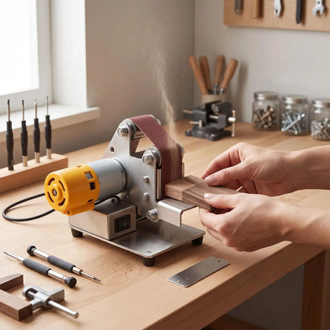 Luocute 9000Rpm Mini Belt Sander With 7 Adjustable Speeds transforming wood into shape on a workbench with tools nearby.