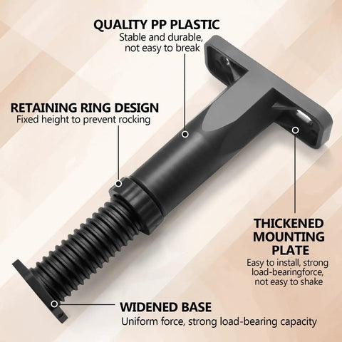 No Sweat Height Tweaks On Reliable Adjustable Bed Legs 4 Pack showing black PP plastic leg design with retaining ring for stability.