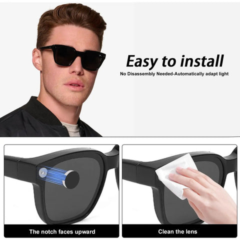 Person wearing sunglasses with easy install LED blocker stickers for Meta Glasses, 12 pack with medium adhesive shown in detail.