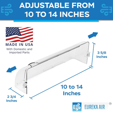 Air Vent Deflector For 10 To 14 Inch Vents with dimensions shown, adjustable airflow redirector, made in USA, side angle view