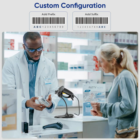 Pharmacist using a Handheld 2D Barcode Scanner With Gooseneck Stand USB Wired QR Code Reader for checking out customer