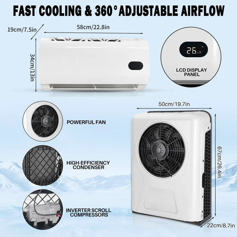 12V DC Truck Cab Air Conditioner With Brushless Motor Split Mini APU Unit interior and exterior components dimensions