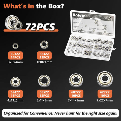 Deep Groove Ball Bearing Kit 72 Pieces In Six Sizes 693ZZ 623ZZ 624ZZ 685ZZ 687ZZ 627ZZ Ultra Value Set For RC Hobby Machining And DIY Projects Solid For Swap Outs And Quick Repairs, assorted ball bearings in case