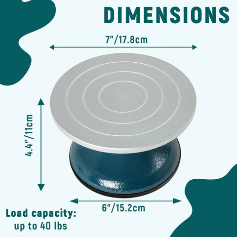 7-inch all-metal pottery banding wheel with teal base and silver top; heavy-duty sculpting turntable for ceramics.