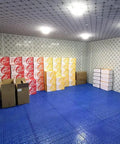 Lightweight Plastic Storage Pallet with Ventilated Grid Surface for Garage Basement, showing blue pallet with stacked boxes