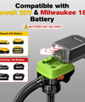 Real Deal 3.2 Gpm Fuel Transfer Pump With Smart Auto Stop Nozzle And Heavy Duty Leak Resistant Housing For Smooth Gas Line Work Without The Drip Mess Daily, showing battery compatibility with Dewalt 20V and Milwaukee 18V.