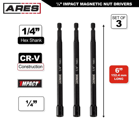 Magnetic Impact Nut Driver Bit Set Three Piece 1/4 Inch Hex Shank Six Inch Length Each Heavy Duty Nut Setters
