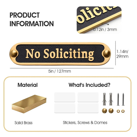 No Soliciting Sign 5 Inch Brushed Matte Brass Finish With Hidden Screws And Nanotape Adhesive Classy Front Door Wall Decor