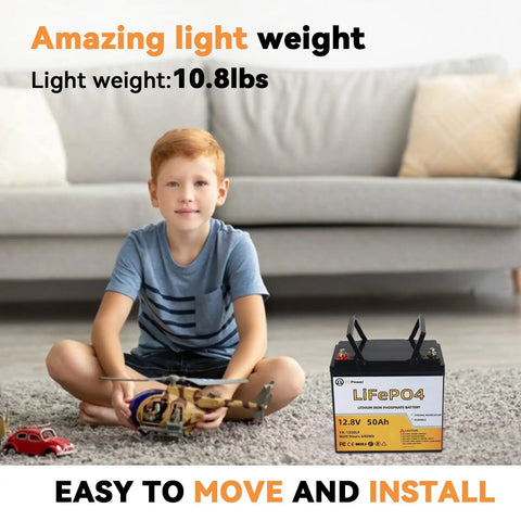 Child sitting on carpet with toys next to 12V 50Ah LiFePO4 Deep Cycle Battery With Built In 50A BMS For Home Storage Off Grid RV.