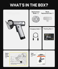 Front collage view of a silver cordless cutting tool with LED display and 3 tungsten blades, plus replacement blades, USB charging cable, quick start guide, user manual, and packing box.