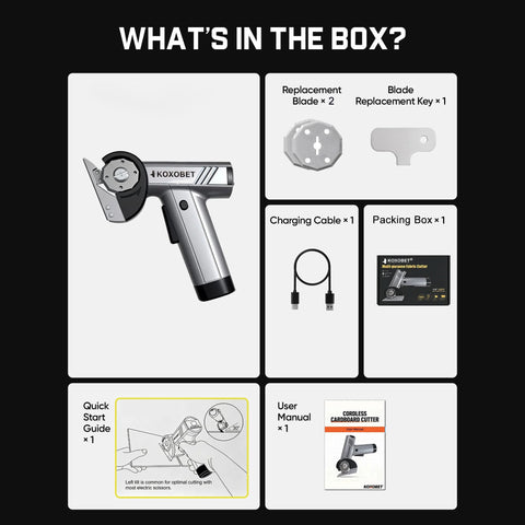 Front collage view of a silver cordless cutting tool with LED display and 3 tungsten blades, plus replacement blades, USB charging cable, quick start guide, user manual, and packing box.