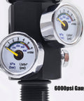 Close-up of dual gauge on a Dual Gauge DIN Valve Fill Station Adapter With 20 Inch Hose 4500psi 300bar For Scuba Tanks Paintball PCP Airsoft HPA Cylinders M18 1.5 Thread Beefy High Pressure Fill Tool