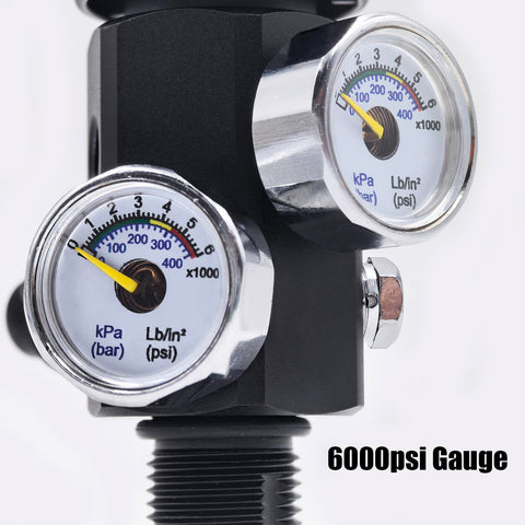 Close-up of dual gauge on a Dual Gauge DIN Valve Fill Station Adapter With 20 Inch Hose 4500psi 300bar For Scuba Tanks Paintball PCP Airsoft HPA Cylinders M18 1.5 Thread Beefy High Pressure Fill Tool