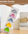 Sleek Stackable Clear Hat Organizer Two Pack With Smooth Glide Drawers Holds A Dozen Baseball Caps Each showing stacked caps in clear containers.