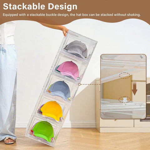 Sleek Stackable Clear Hat Organizer Two Pack With Smooth Glide Drawers Holds A Dozen Baseball Caps Each showing stacked caps in clear containers.