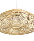 Discus Wicker Pendant Lamp With Continuous Weave, Natural Handwoven Ceiling Light, 21 Inch Diameter And 10.5 Inch High Shade, close-up view.
