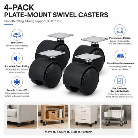 Four Pack Plate Mount Swivel Casters 360 Degree Wheels For Cabinets Carts Storage Racks And Small Furniture Durable PP Wheel Set